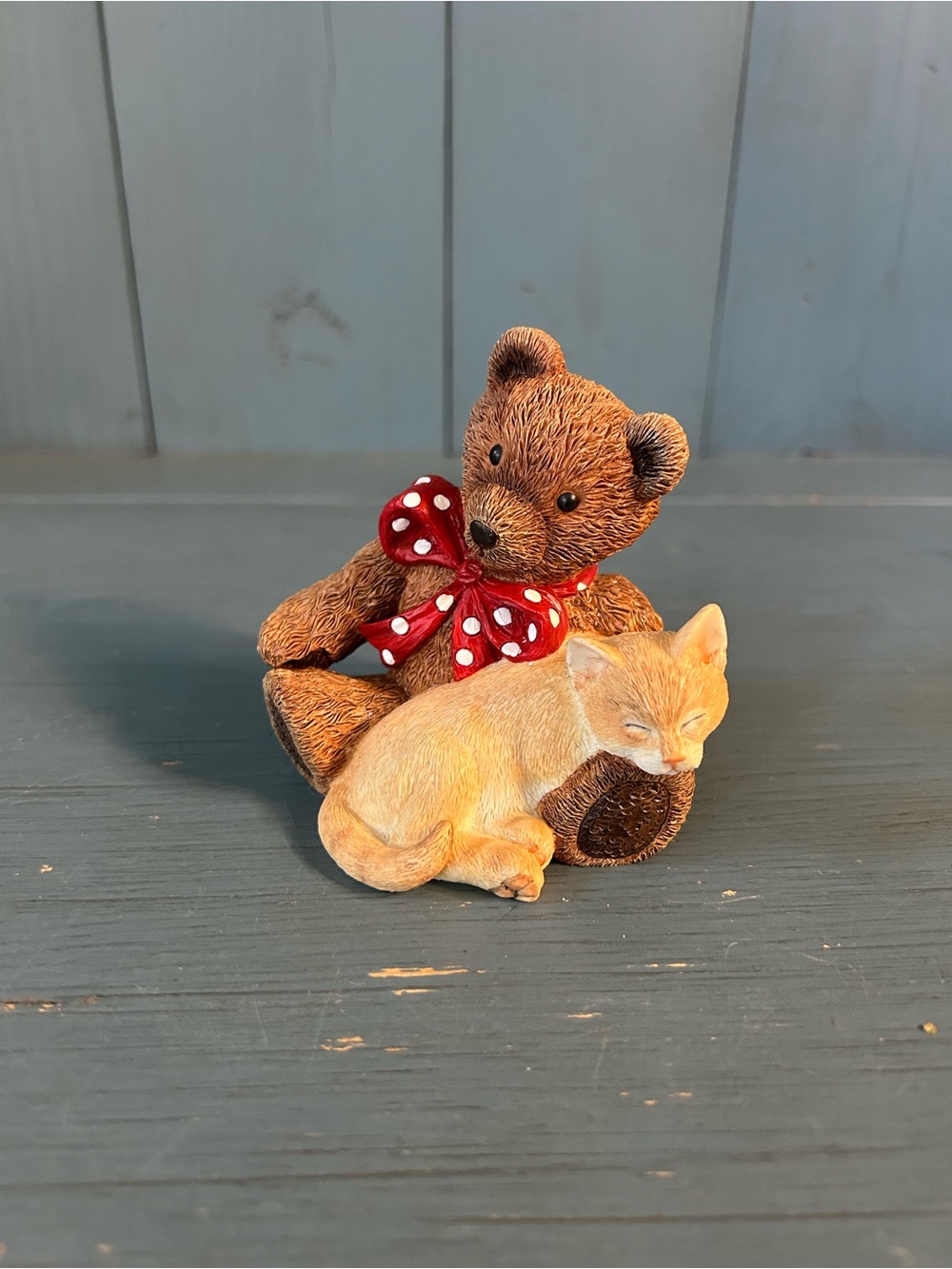 Vintage 2005 Lenox Brown Teddy Bear Figurine with Yellow Cat - “Kitty Teddy”